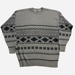 Men Vintage Club International Cream Preppy Grandpa Pattern Knit Cotton Sweater